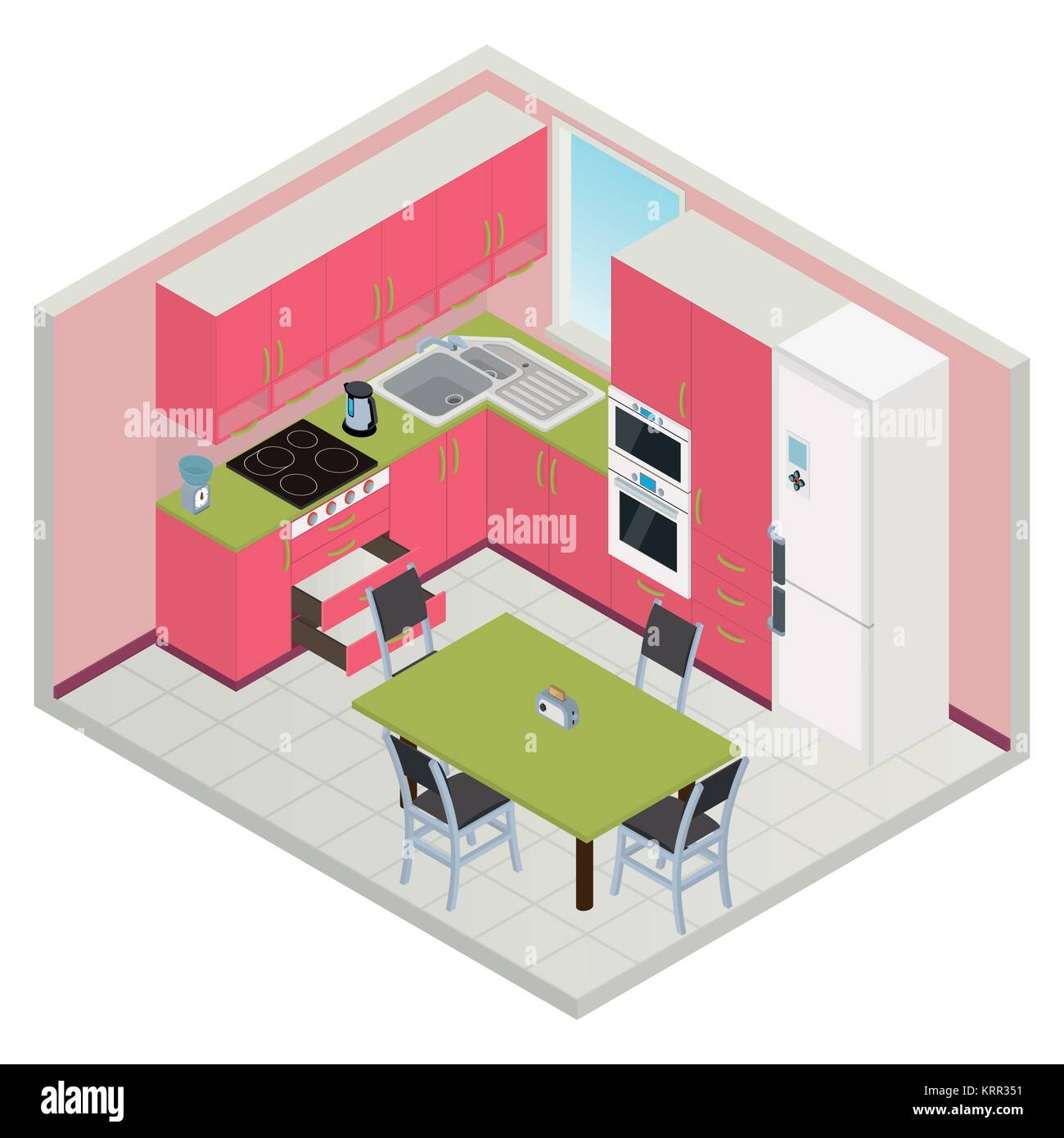 Vector isometric kitchen pink color interior - 3D illustration Stock Vector