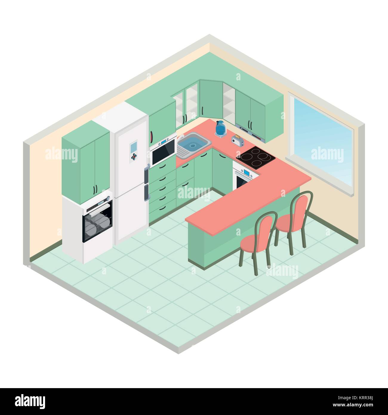 Vector isometric kitchen green color interior - 3D illustration Stock ...