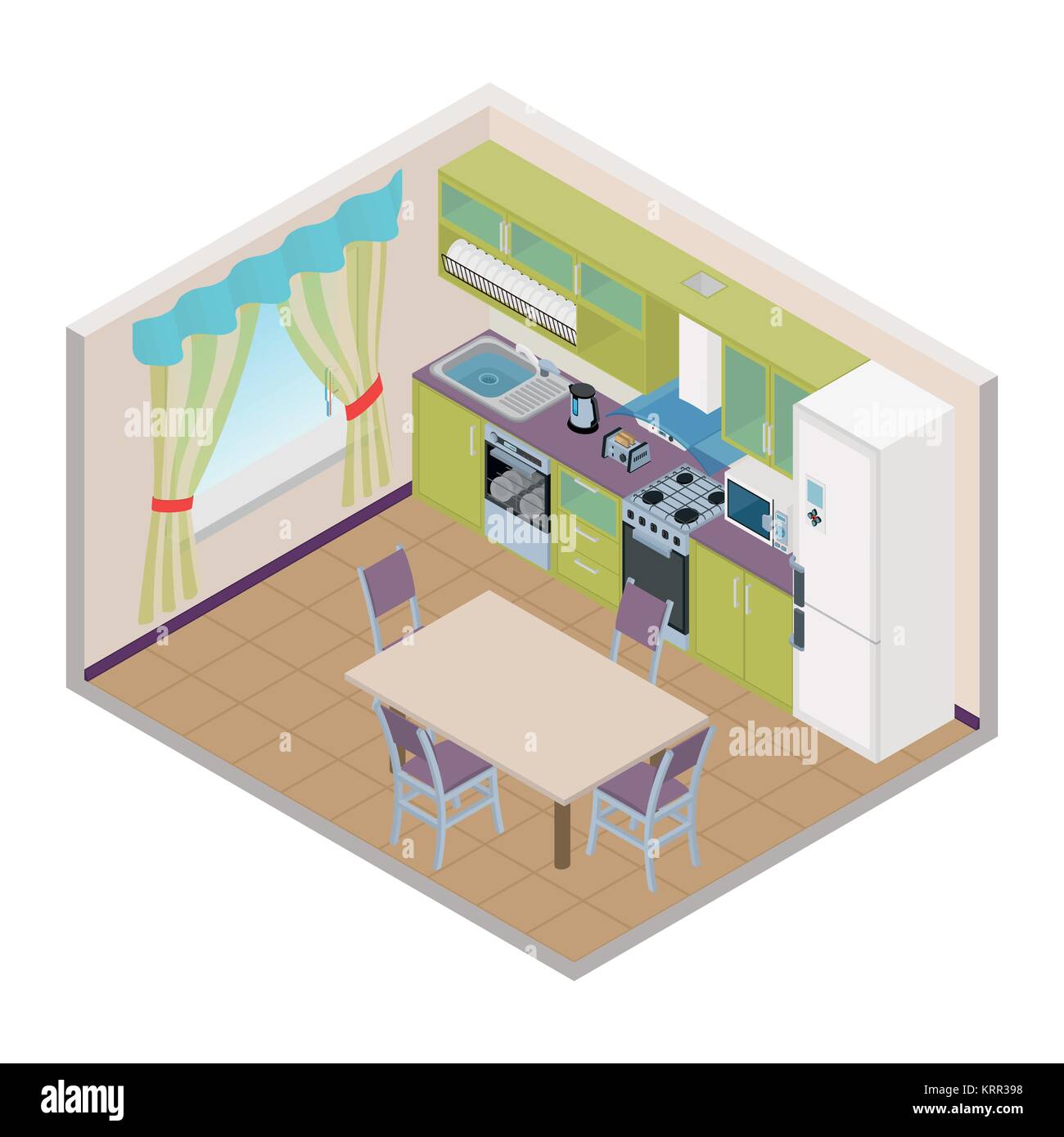 Vector isometric kitchen green color interior - 3D illustration Stock ...