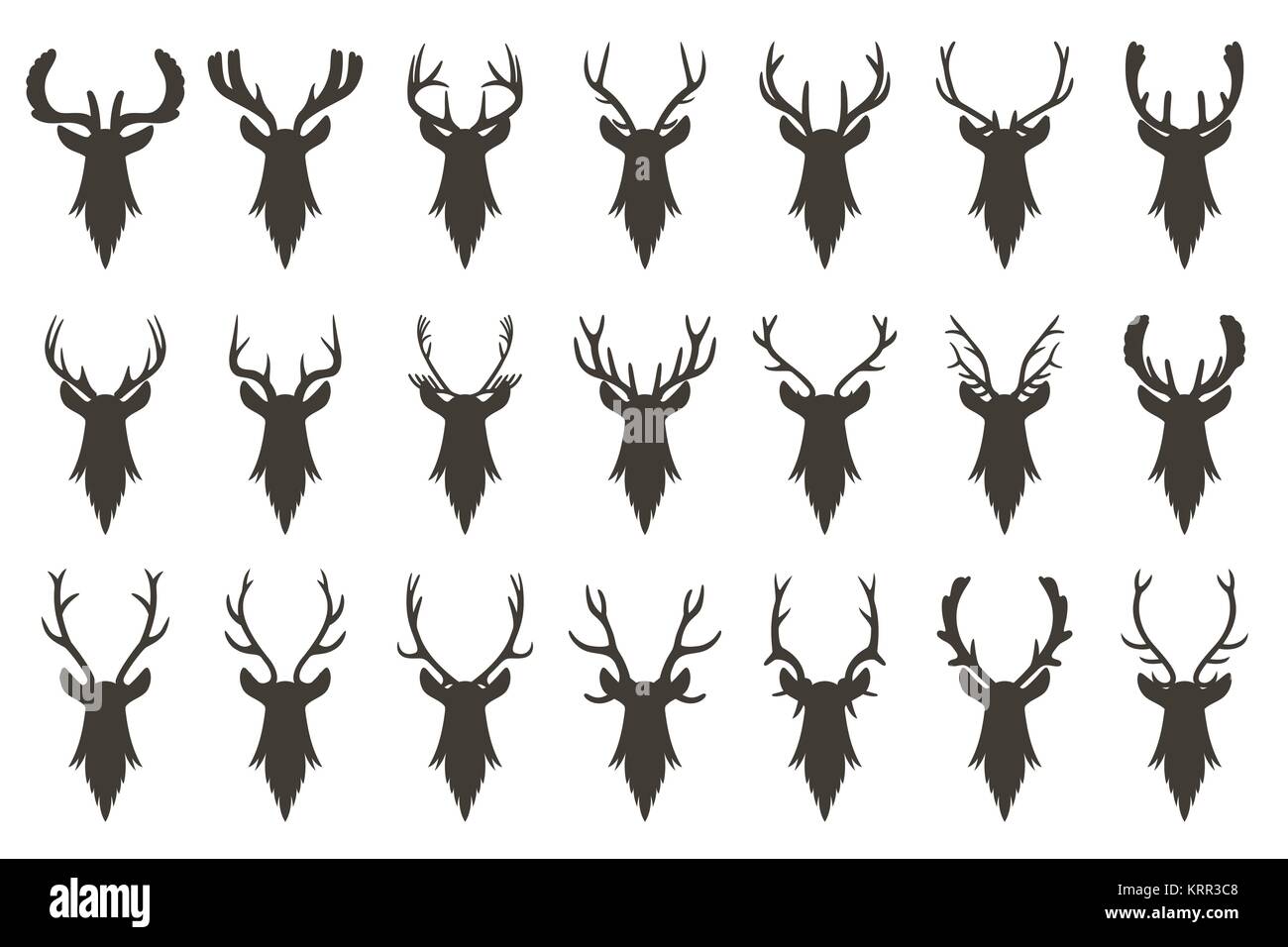 Black silhouettes of deer head with antlers - isolated on white background Stock Vector