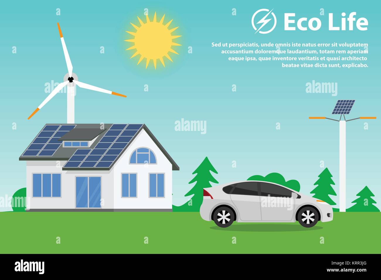 Preserving the environment and using renewable energy sources - solar and wind. Eco house, hybrid car and street lighting. Stock Vector