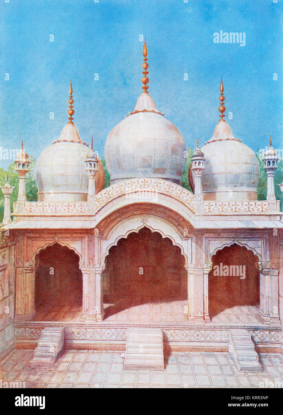 The Moti Masjid aka Pearl Mosque, a white marble mosque inside the Red Fort complex in Delhi, India, it was built by the Mughal emperor Aurangzeb from 1659-1660.  From The Wonders of the World, published c.1920. Stock Photo