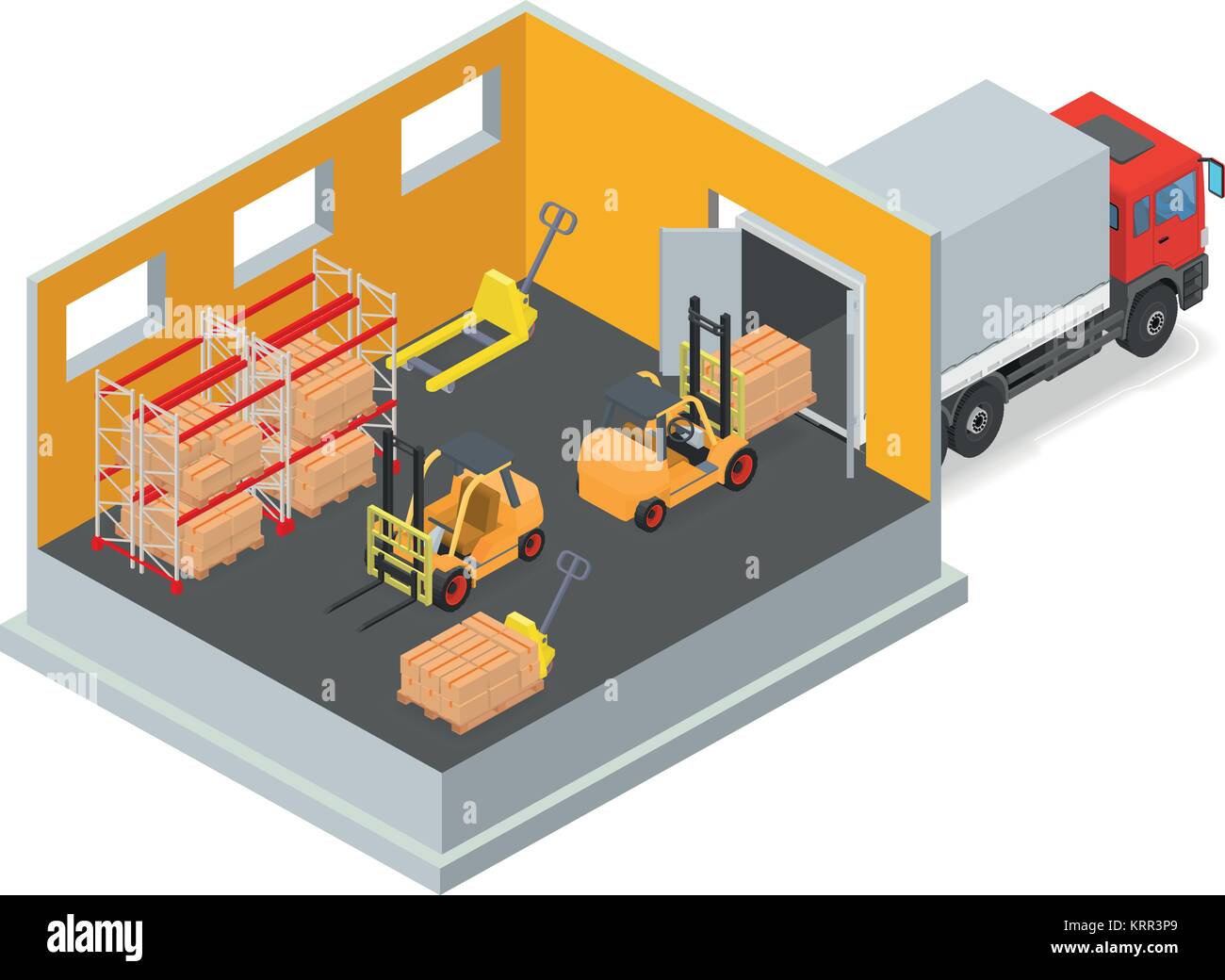 Loading or unloading a truck in the warehouse. Forklifts move the cargo