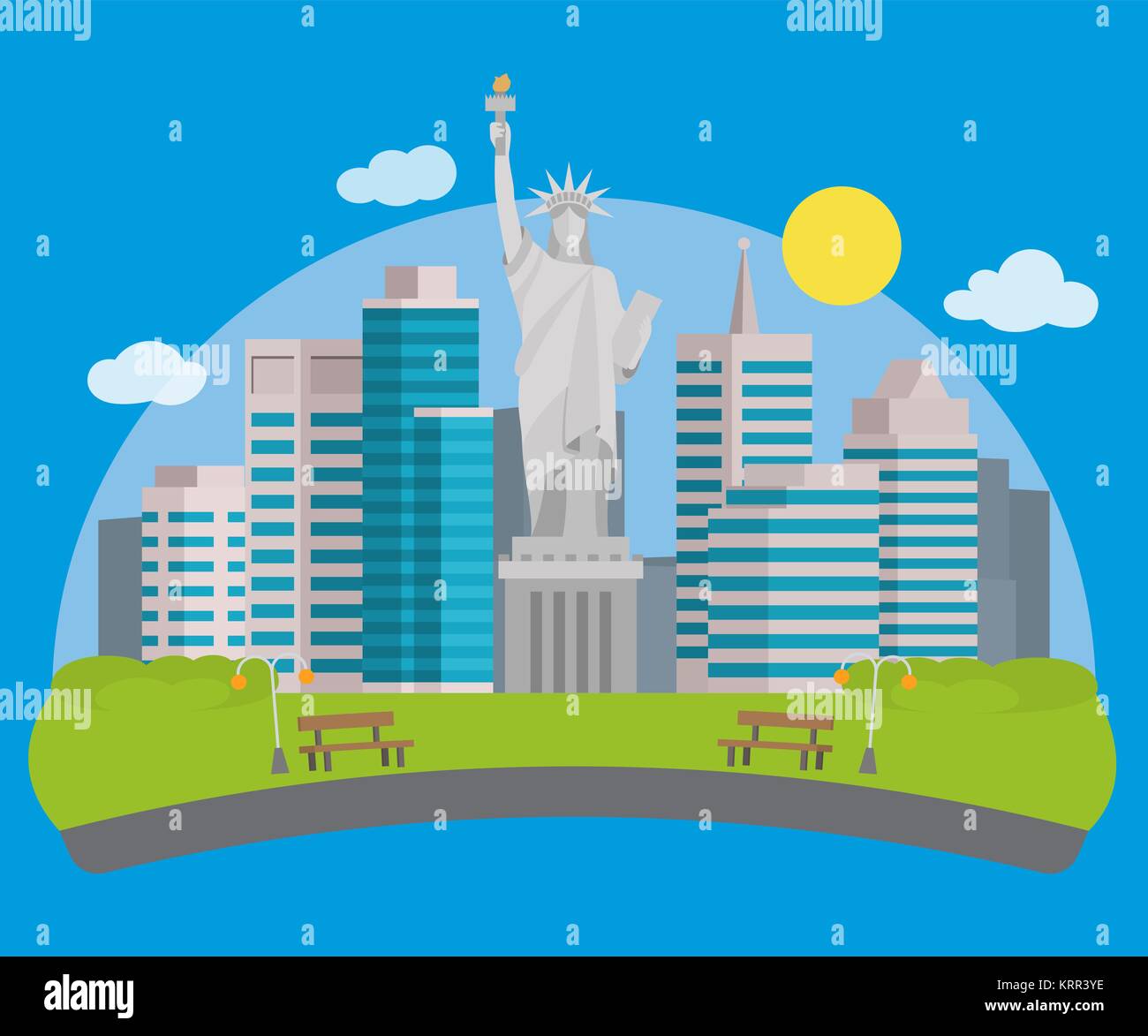 Flat style banner with new york city view and the Statue of Liberty in ...
