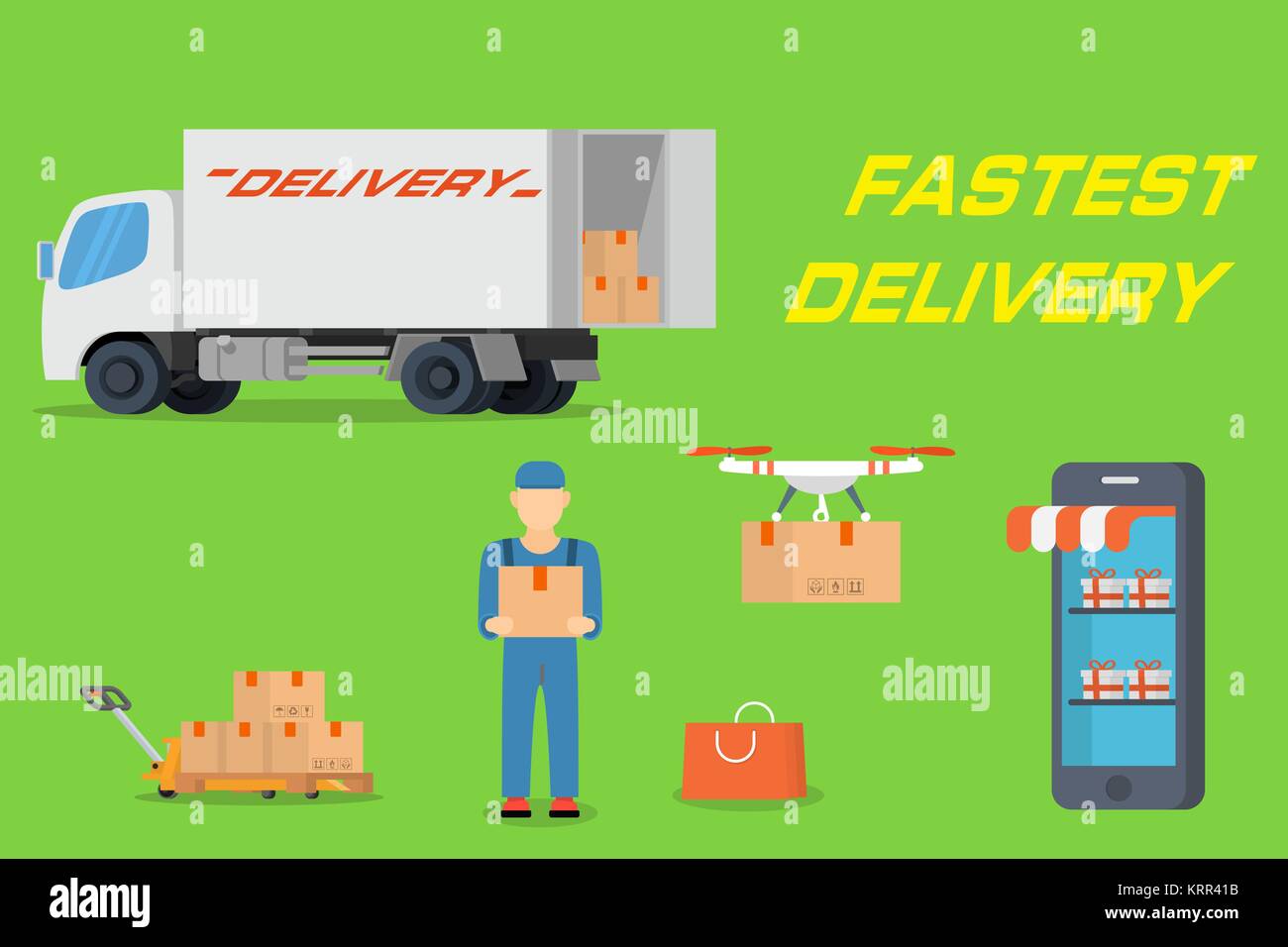 Fastest delivery concept with cargo, quadrocopter, worker man, pallet truck and conceptual shop Stock Vector