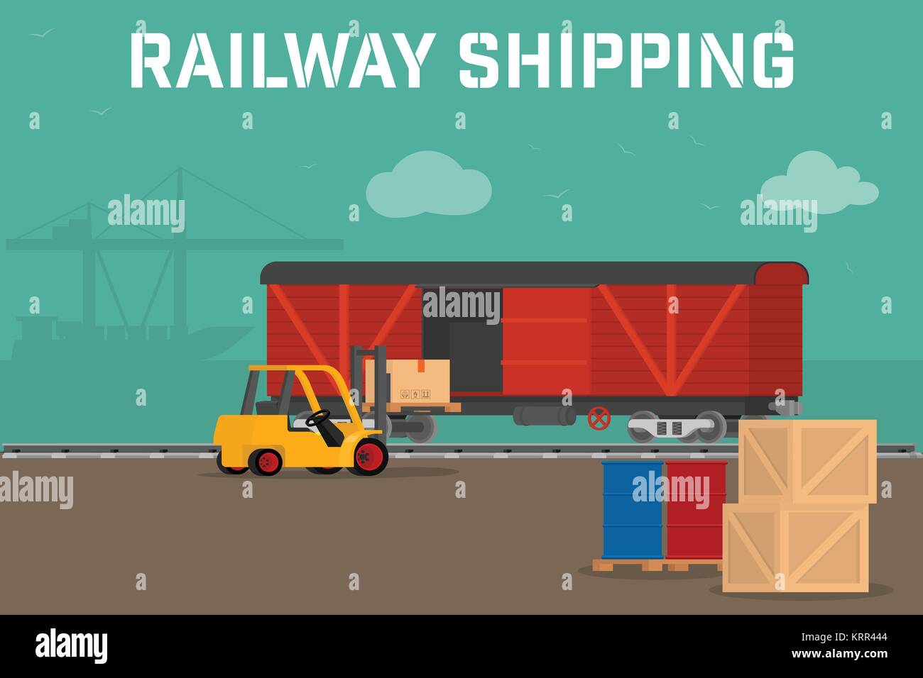 Railway logistic concept transport delivery service. Cargo transportation by train. Workers loading and unloading trucks and rail car with forklifts.  Stock Vector