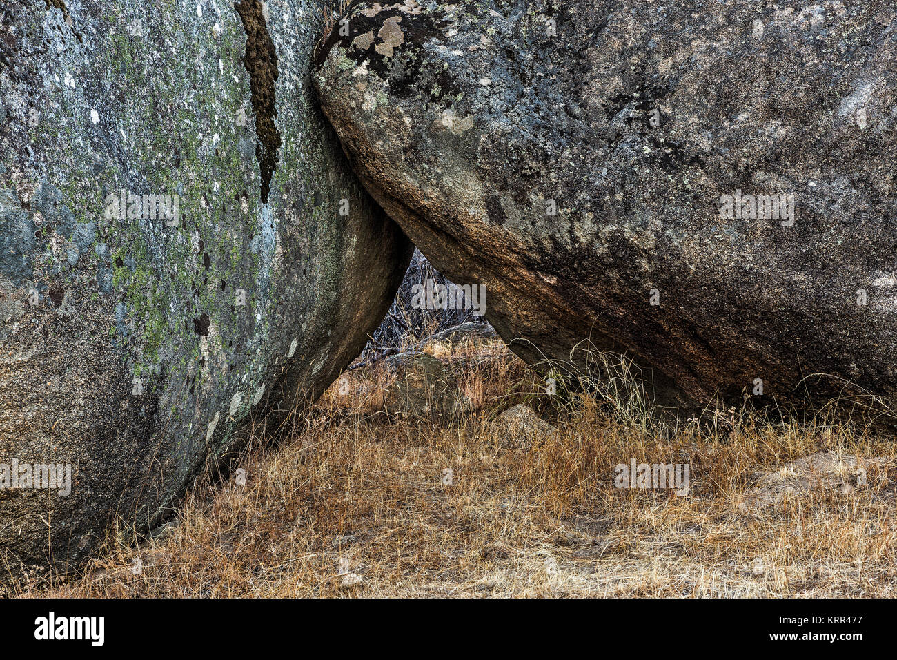 Granitic formation photographed in the natural area of the Barruecos. Malpartida de Caceres. Spain. Stock Photo