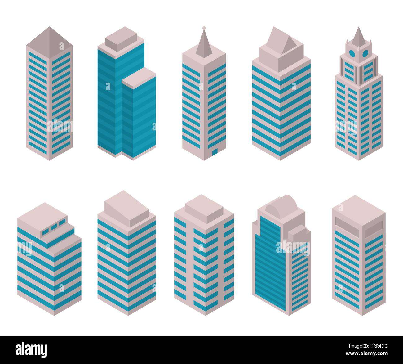 Isometric set of vector tall buildings on a white background. Residential apartments, offices, shopping centers, hospitals and universities. European  Stock Vector