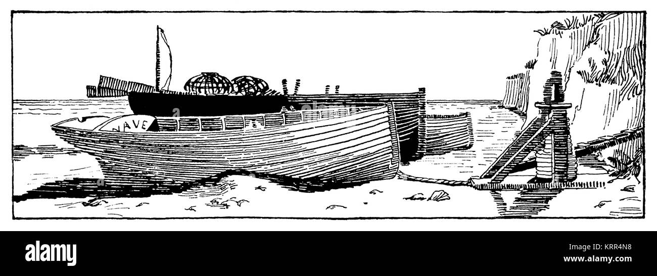 boats on beach pen and ink ornamental chapter heading design by W E Shrimpton, from1894 Studio Magazine Stock Photo