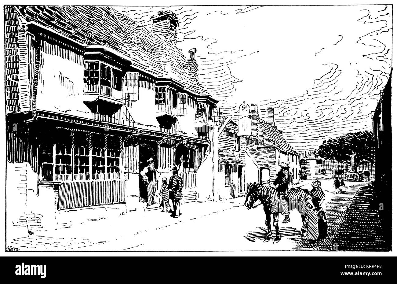 Timber framed old village pub, early  illustration by James Simpson Alderson, of Rugby, from 1894 Studio Magazine competition Stock Photo