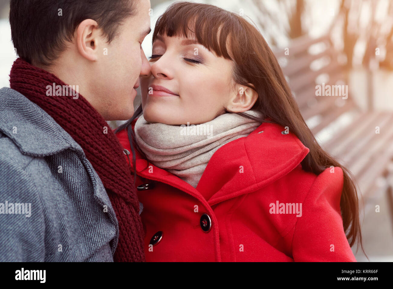 Young happy couple in love outdoors. loving man and woman on a walk in ...