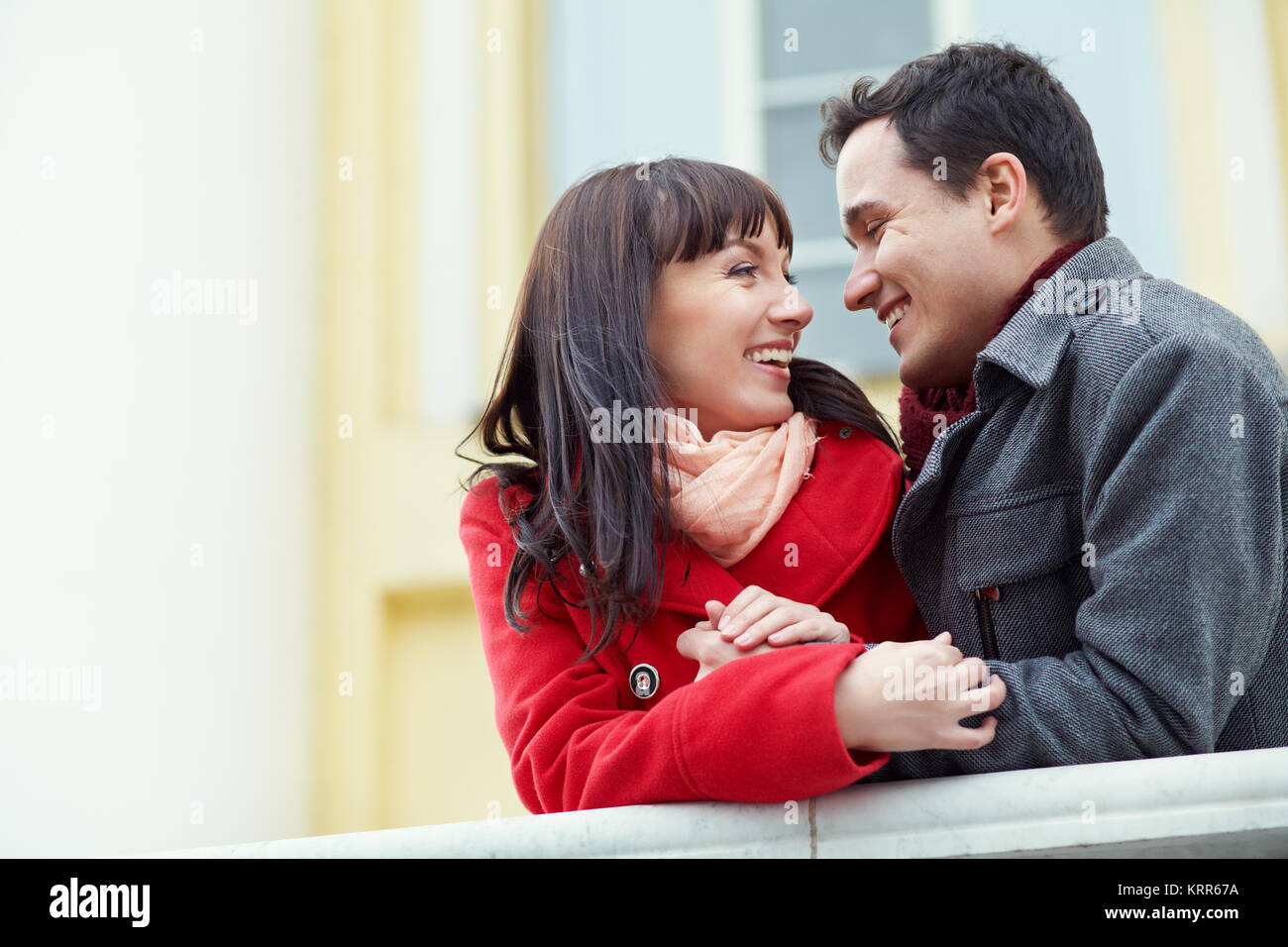 Young happy couple in love outdoors. loving man and woman on a walk in ...