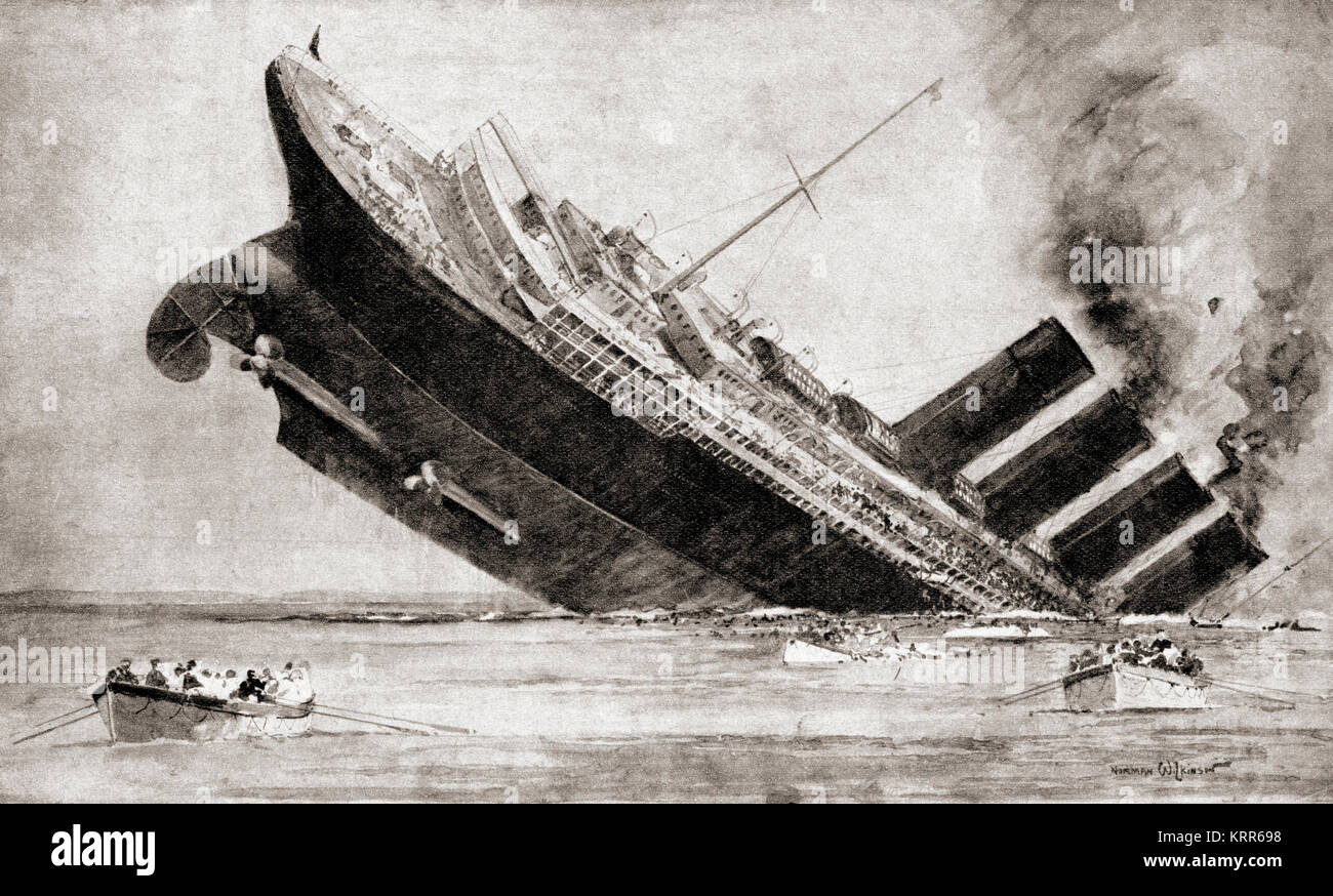 The sinking of the RMS Lusitania in 1915 in the English channel, she was torpedoed by German U boat off the coast of Ireland. Stock Photo