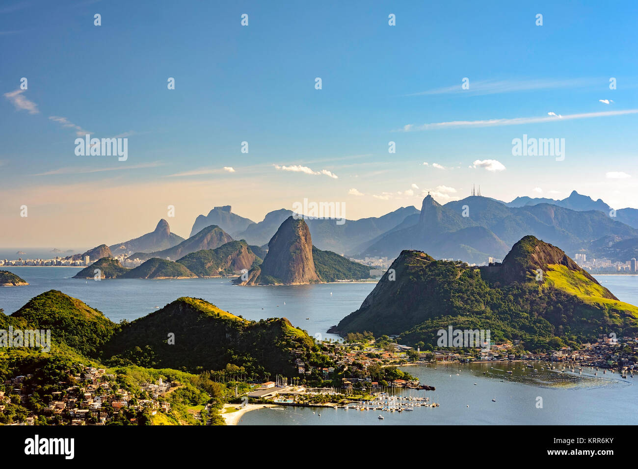 View of Rio de Janeiro, Guanabara bay, Sugarloaf hill and others montains from Niteroi city park Stock Photo