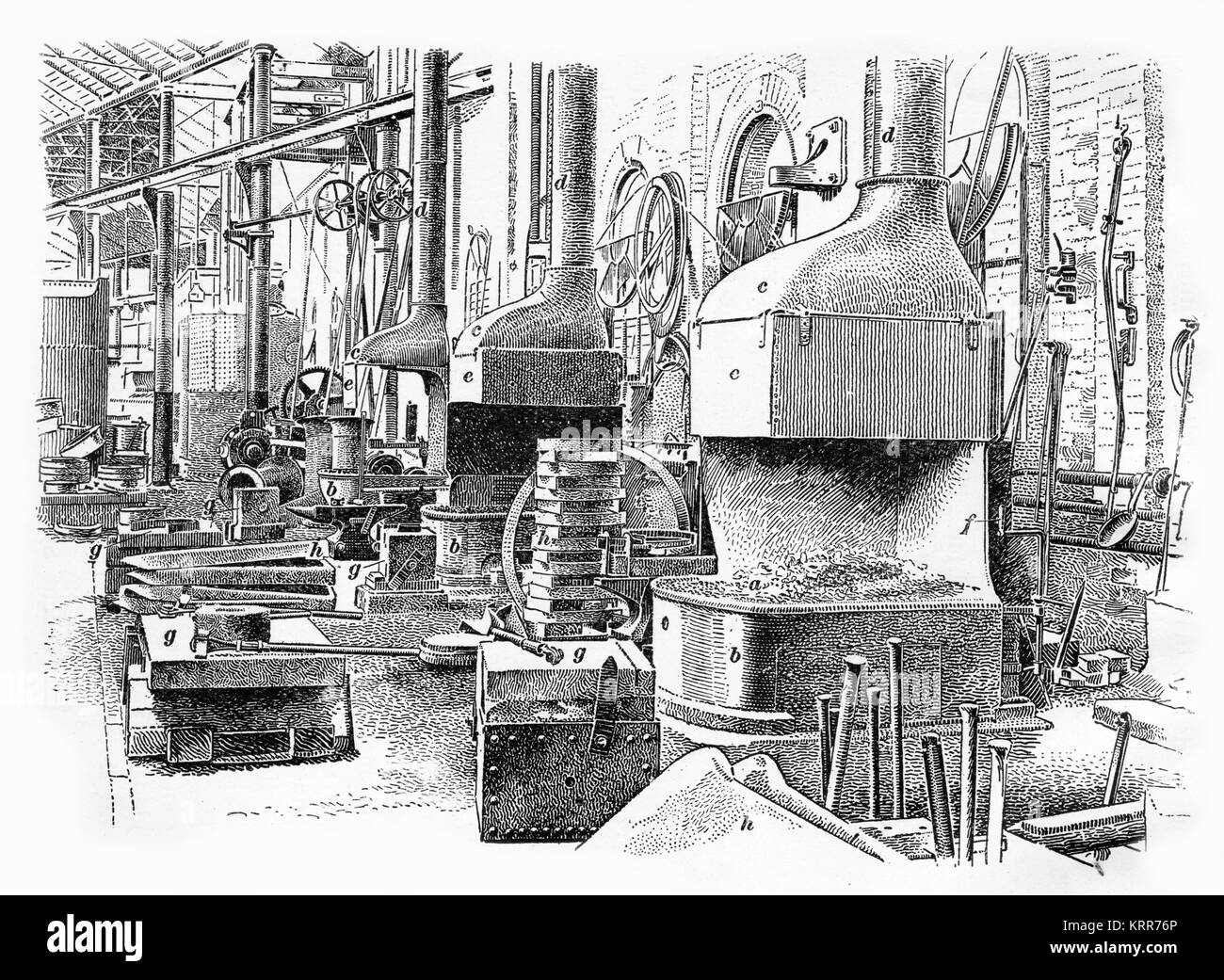 Engraving of a blacksmith's shop toward the end of the Industrial Revolution in England. From an engraving made in the 1890s. Stock Photo