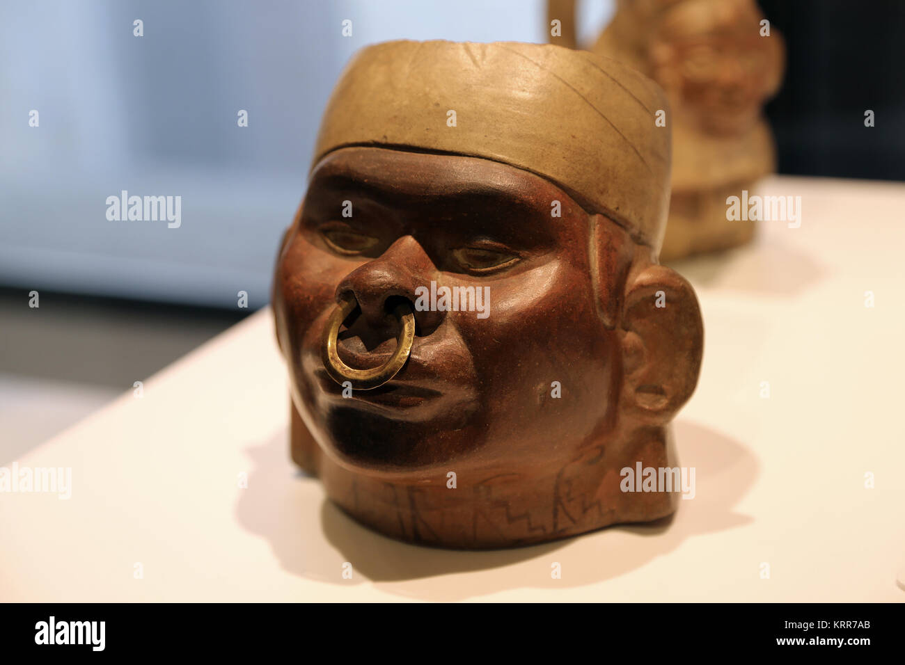 Huaco portrait representing an elite figure. Mochica culture. Peru. 1-800 AD. Museum of Cultures of the World.  Spain Stock Photo