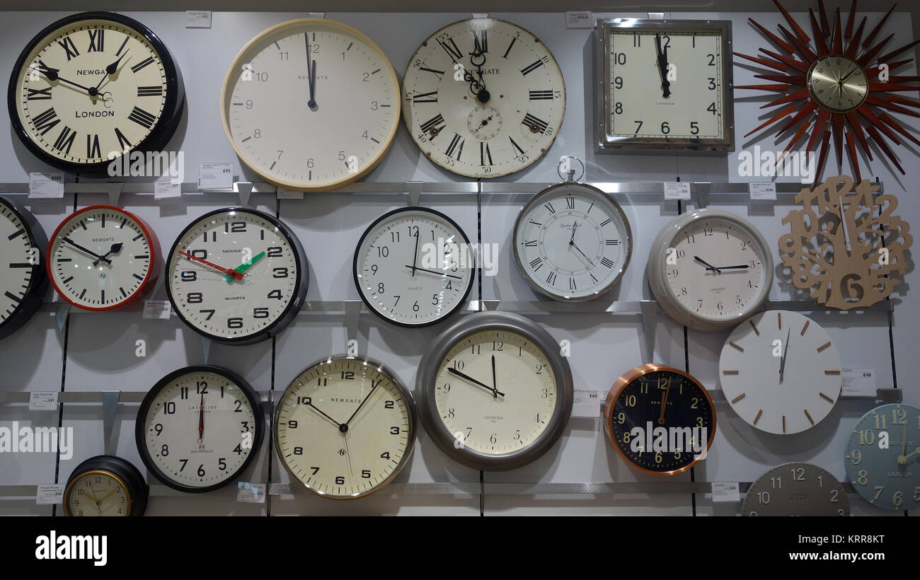 Clocks on sale in John Lewis store Stock Photo Alamy
