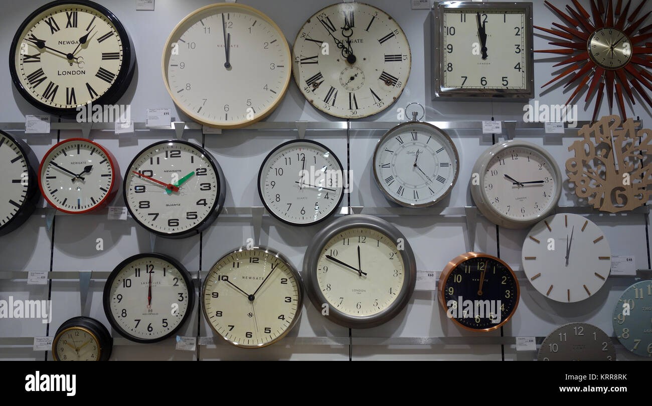 Clocks on sale in John Lewis store Stock Photo Alamy
