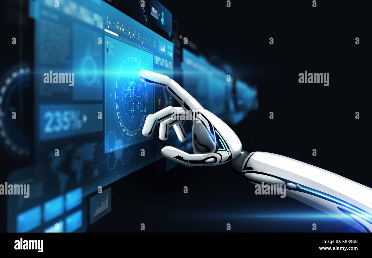 Robot Hand Touching Virtual Screen Over Black Stock Photo Alamy Robot Hand Touching Virtual Screen Over Black Stock Photo Alamy