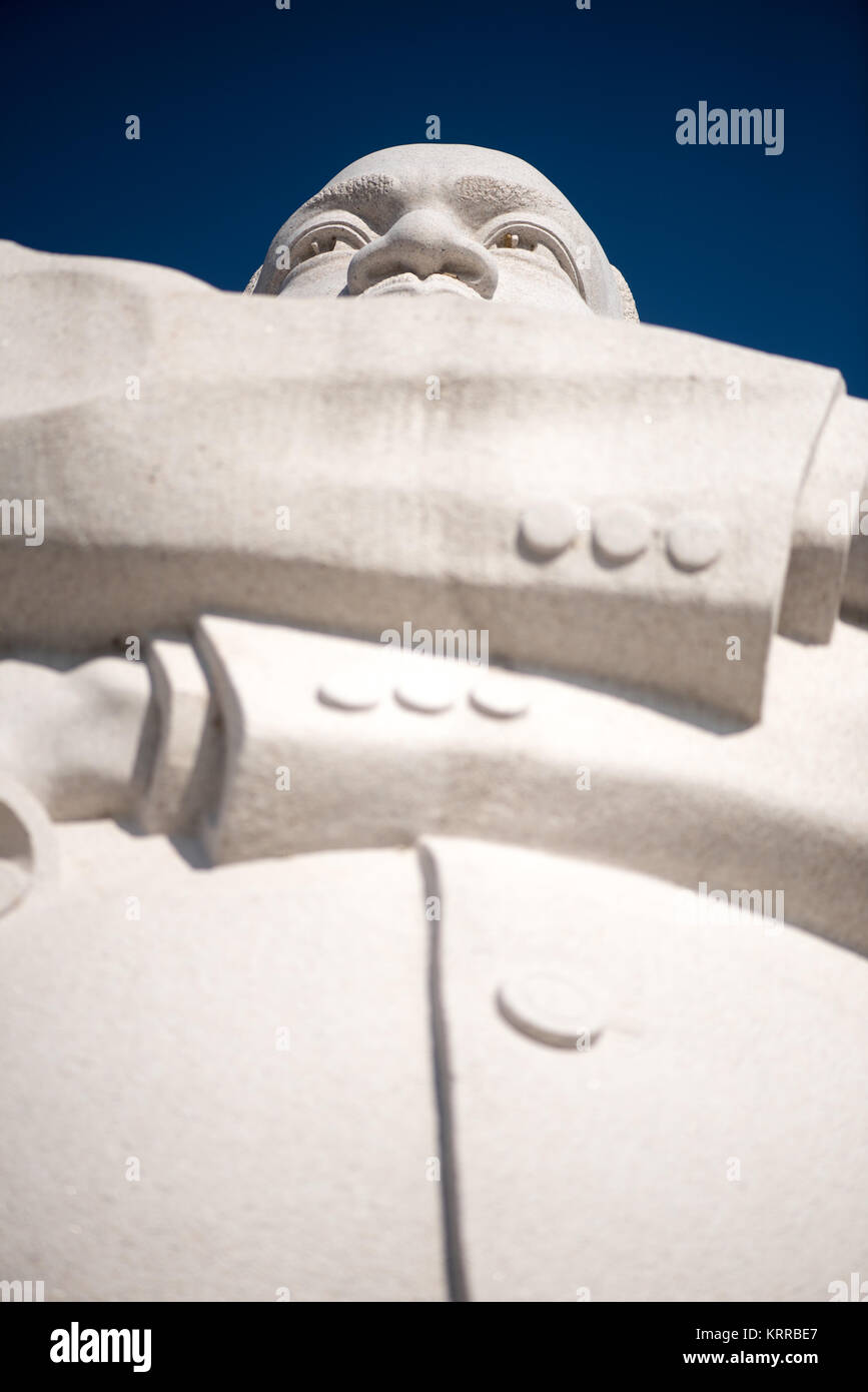 WASHINGTON, DC - Looking up from below at the statue of Dr Martin Luther King Jr that is part of the Stone of Hope at the heart of the MLK Memorial in Washington DC. The statue was carved by Chinese sculptor Lei Yixin. Stock Photo