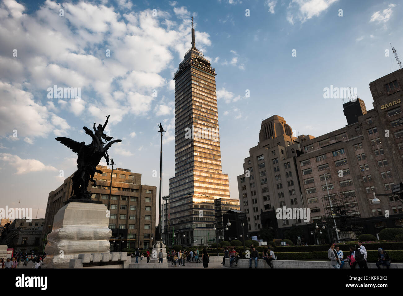 MEXICO CITY, Mexico — The Torre Latinoamericana, an iconic skyscraper piercing the skyline of Mexico City. Completed in 1956, the tower, once the tallest building in Latin America, stands as a testament to the city's architectural innovation and its resilience to seismic activity. Stock Photo