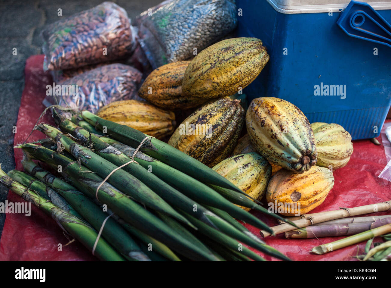 Products of Oaxaca including cocoa pods, Etla market, near Oaxaca City, Oaxaca, Mexico Stock Photo