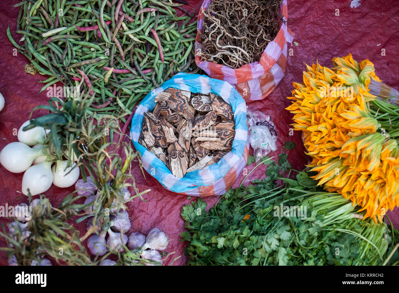 Various Products of Oaxaca inclusing squash blossoms, Etla market, near Oaxaca City, Oaxaca, Mexico Stock Photo