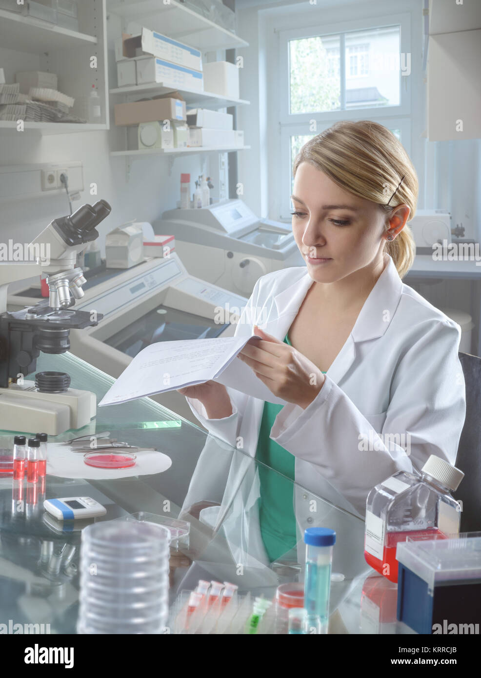 Young female scientist in the laboratory prepares for cell culture experiment. This image is toned. Stock Photo