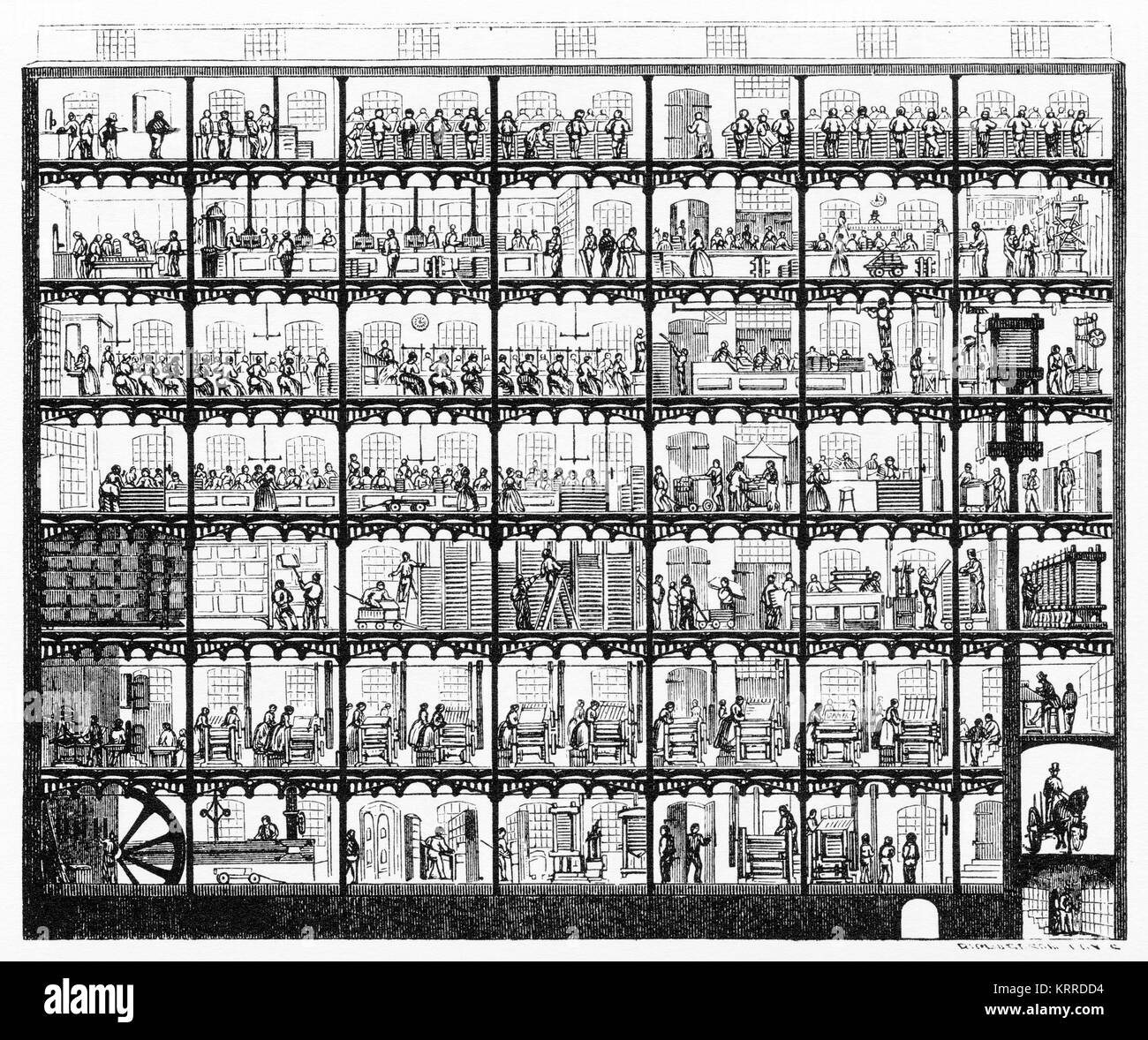 Engraving of a cross section through the building of a printing company in New York, showing the various stages of printing and finishing. Stock Photo