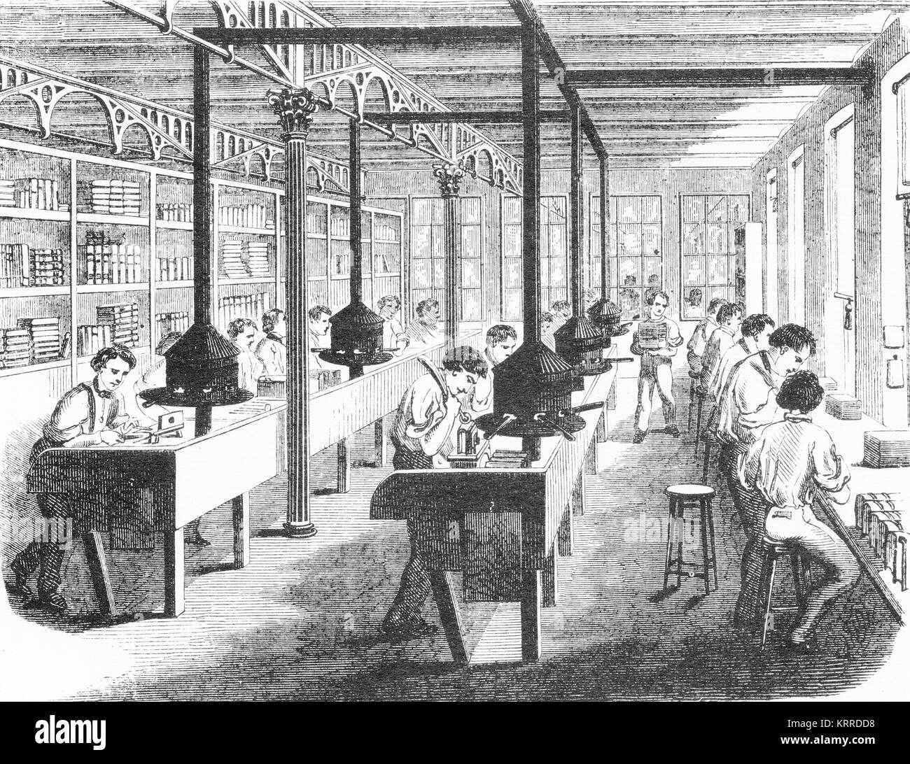 Engraving of a workers in the finishing room at a printing company
