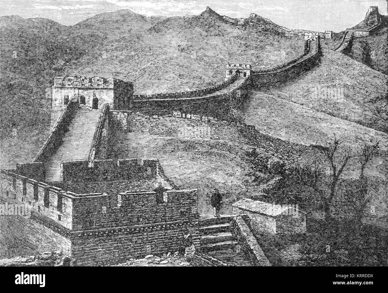 An engraving of the Great Wall of China, from A Book of Heroes, Longman, Green and Co, 1910 Stock Photo