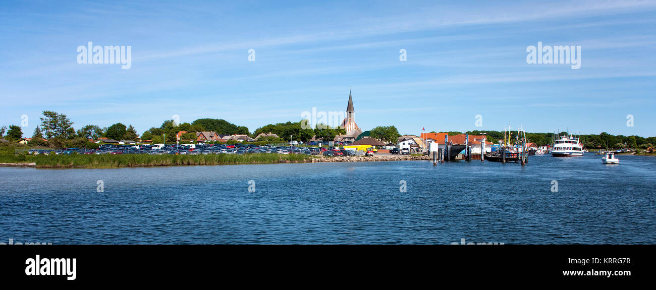 Car parking at the church of the village Schaprode, island Ruegen, Mecklenburg-Western Pomerania, Baltic Sea, Germany, Europe Stock Photo