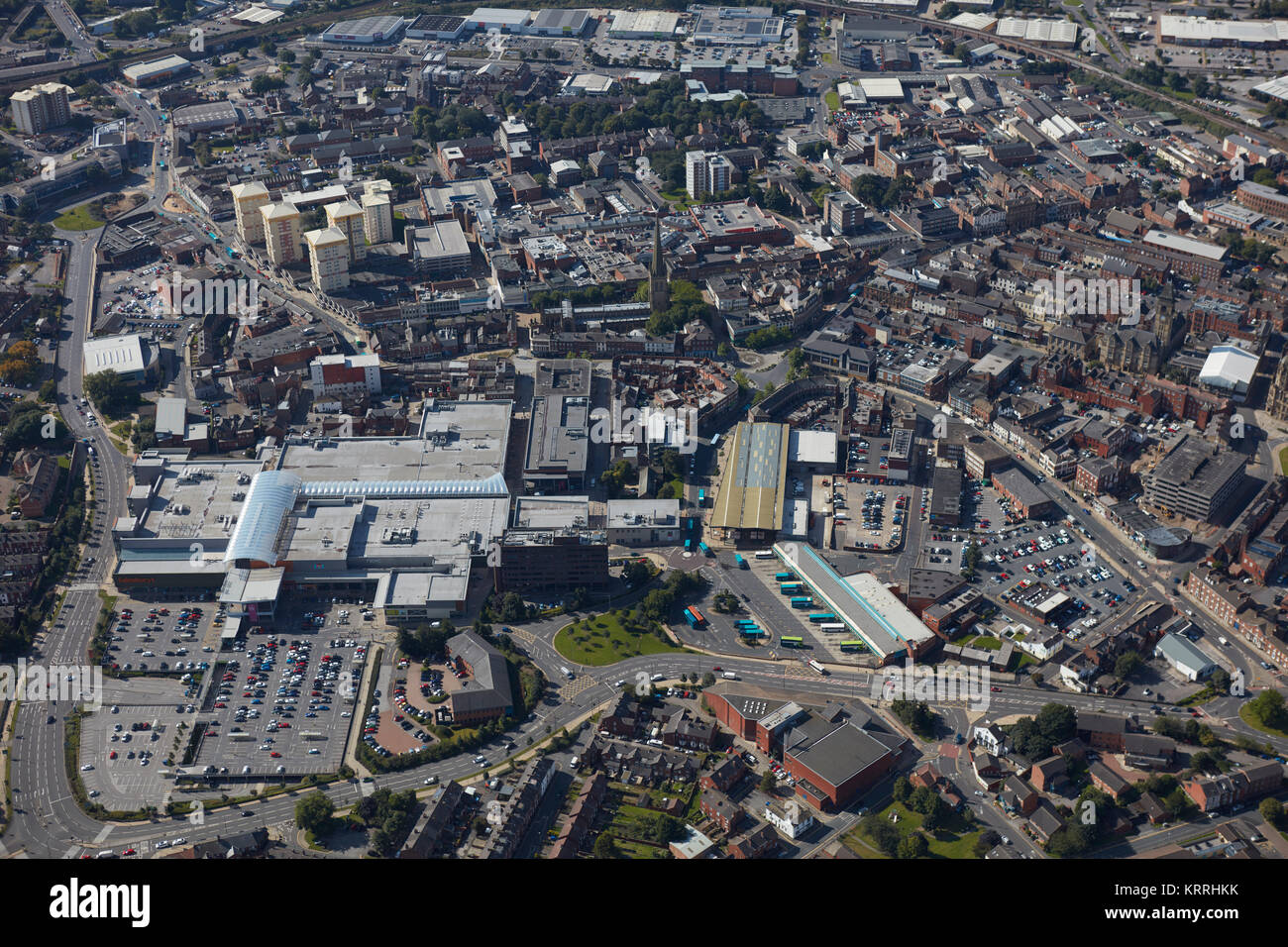 An aerial view of the centre of Wakefield, a city in West Yorkshire Stock Photo