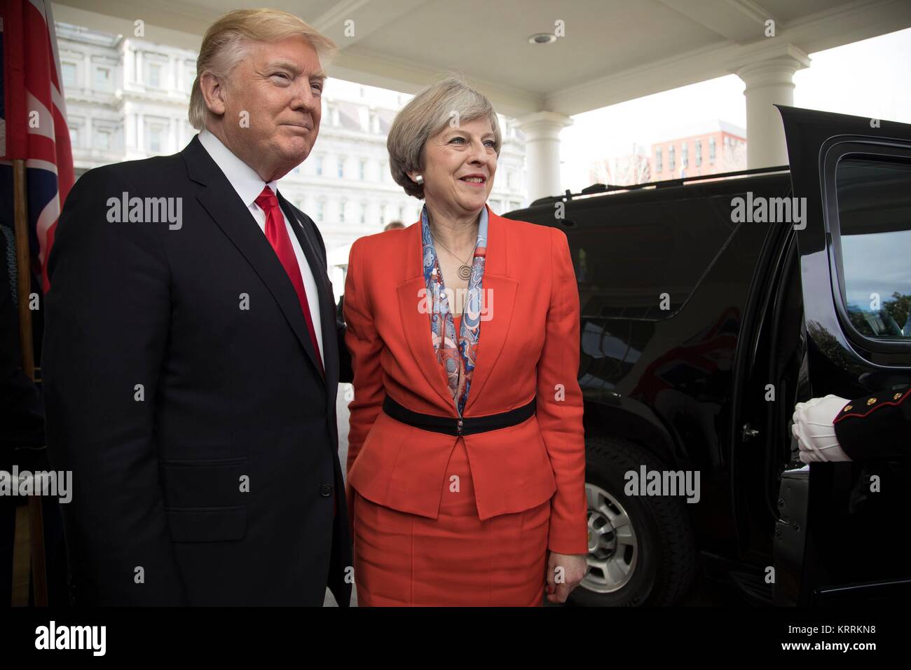 U.S. President Donald Trump greets British Prime Minister Theresa May