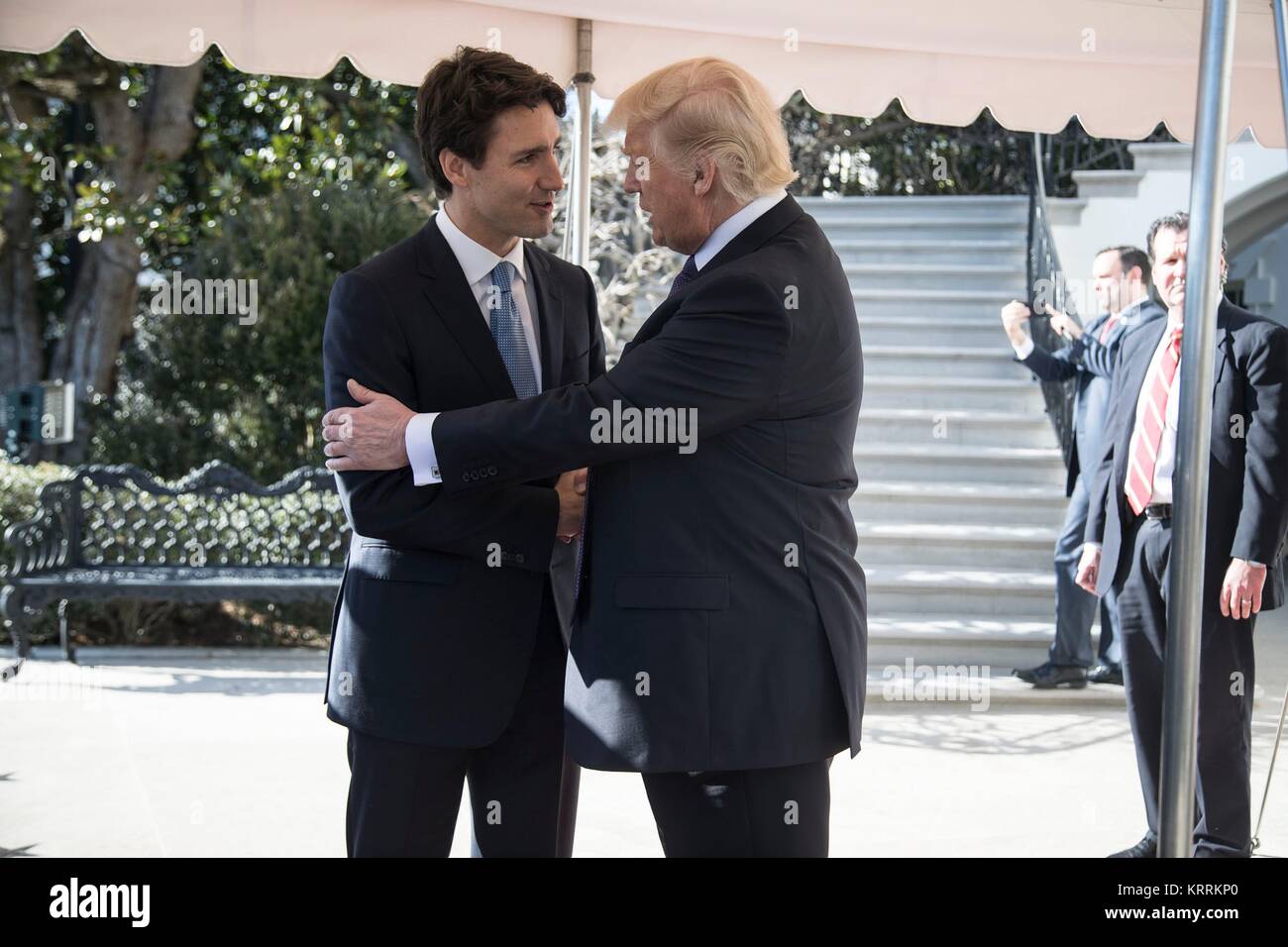 Canadian Prime Minister Justin Trudeau (left) greets U.S. President Donald Trump at the White House South Portico February 13, 2017 in Washington, DC. Stock Photo