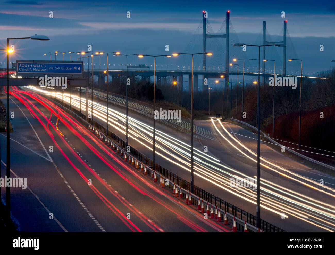 M4 motorway looking toward the Severn Bridge (Second Severn Crossing) leading to Wales Stock Photo