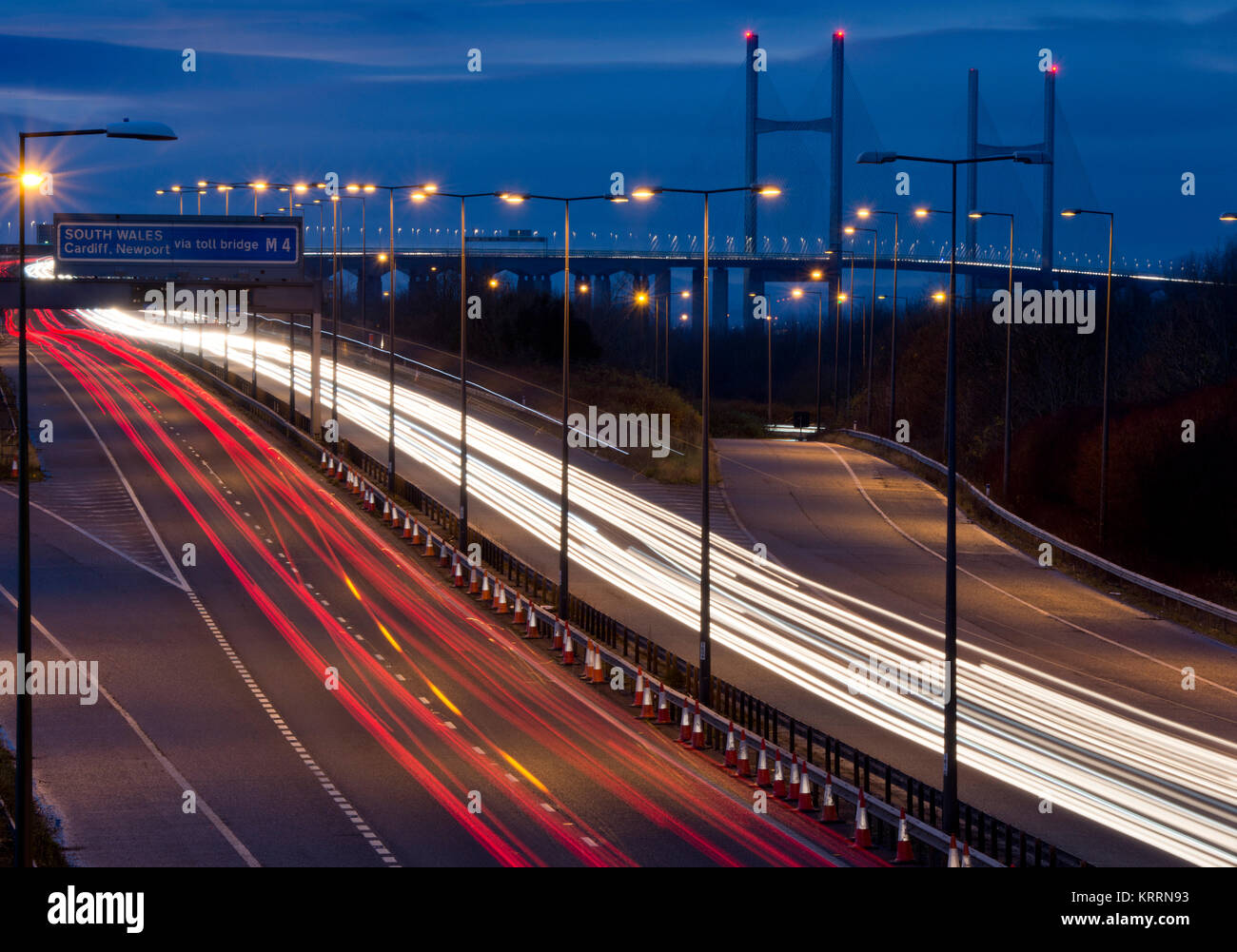 M4 motorway looking toward the Severn Bridge (Second Severn Crossing) leading to Wales Stock Photo