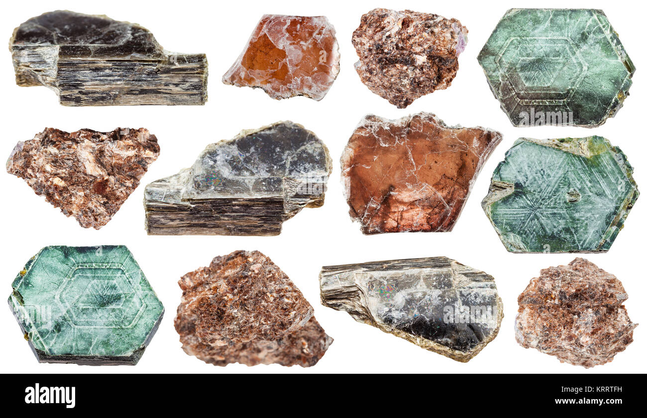 set of various mica (phlogopite) minerals Stock Photo