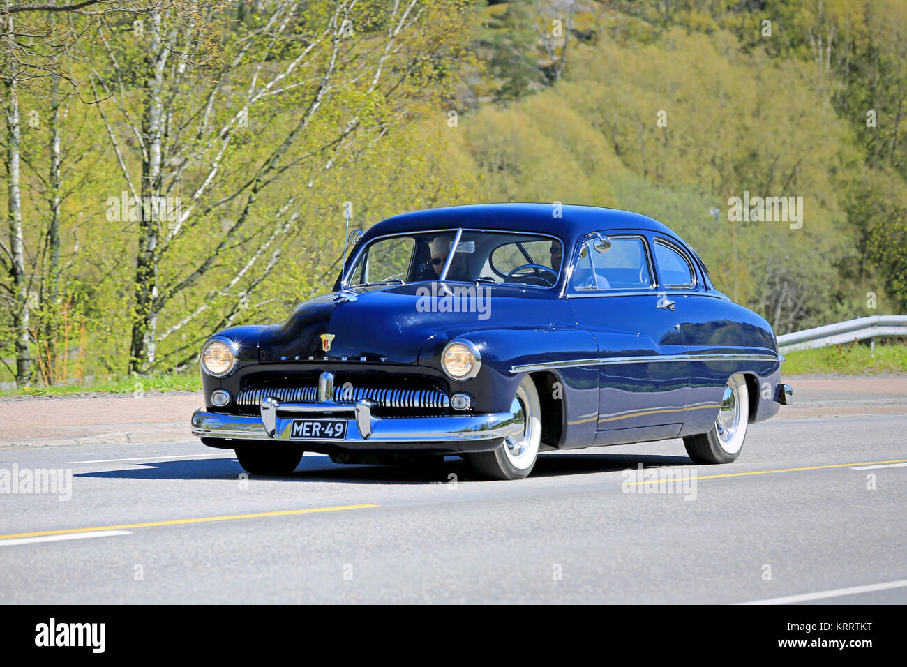 KAARINA, FINLAND - MAY 14, 2015: Classic black Mercury car in traffic. Mercury was a car brand of the Ford Motor Company launched in 1938 by Edsel For Stock Photo
