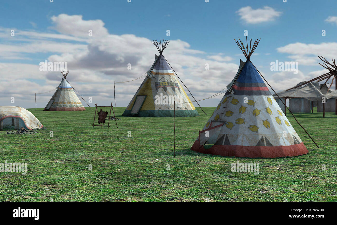 3D Rendering Native American Village Stock Photo