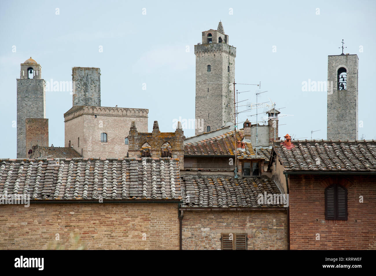 Medieval towers from XIII century, Torre Chigi, Torri dei Salvucci, Casa Torre Pesciolini, Torre Rognosa, Torre Grossa and Campanile della Collegiata  Stock Photo