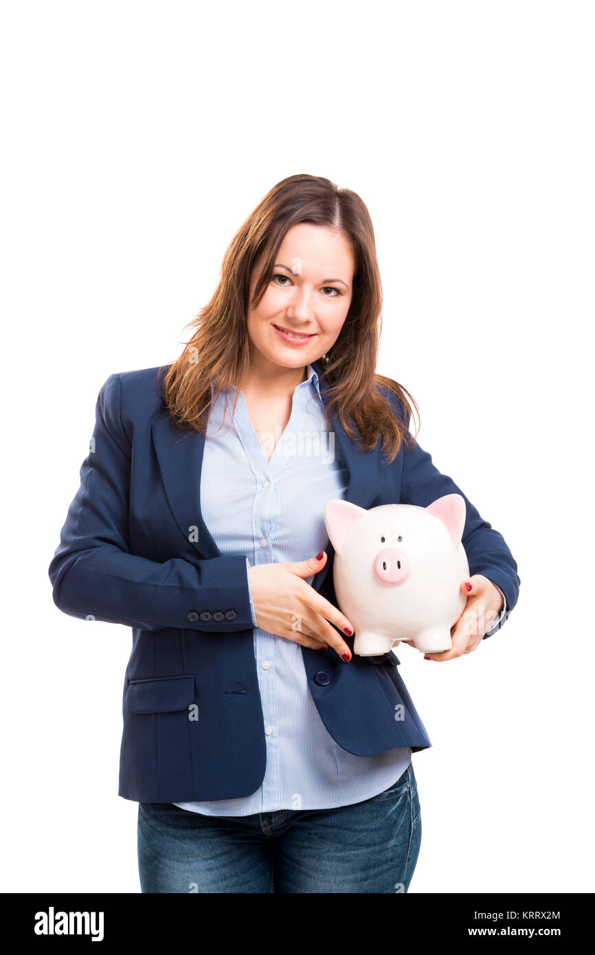 Business woman with a piggy bank Stock Photo - Alamy