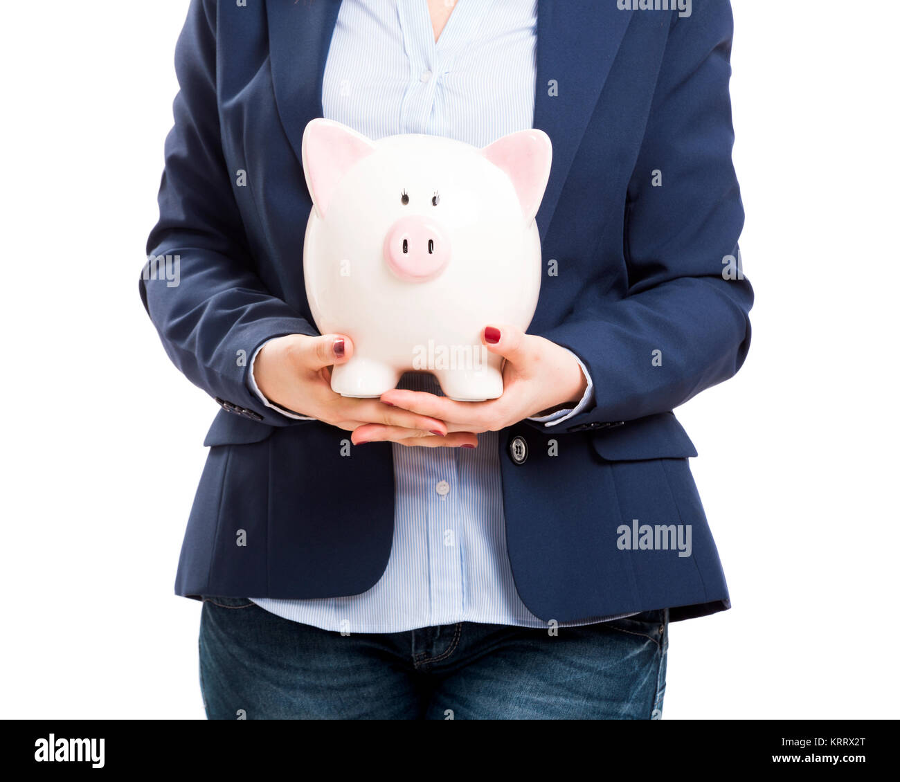 Business woman with a piggy bank Stock Photo - Alamy