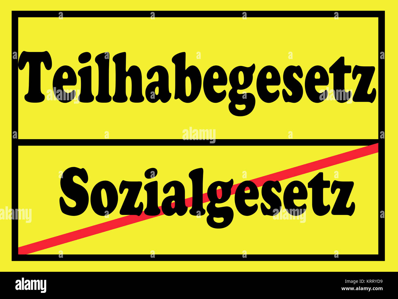 Gelbes Verkehrsschild mit der Aufschrift Sozialgesetz durchgestrichen und Teilhabegesetz Stock Photo