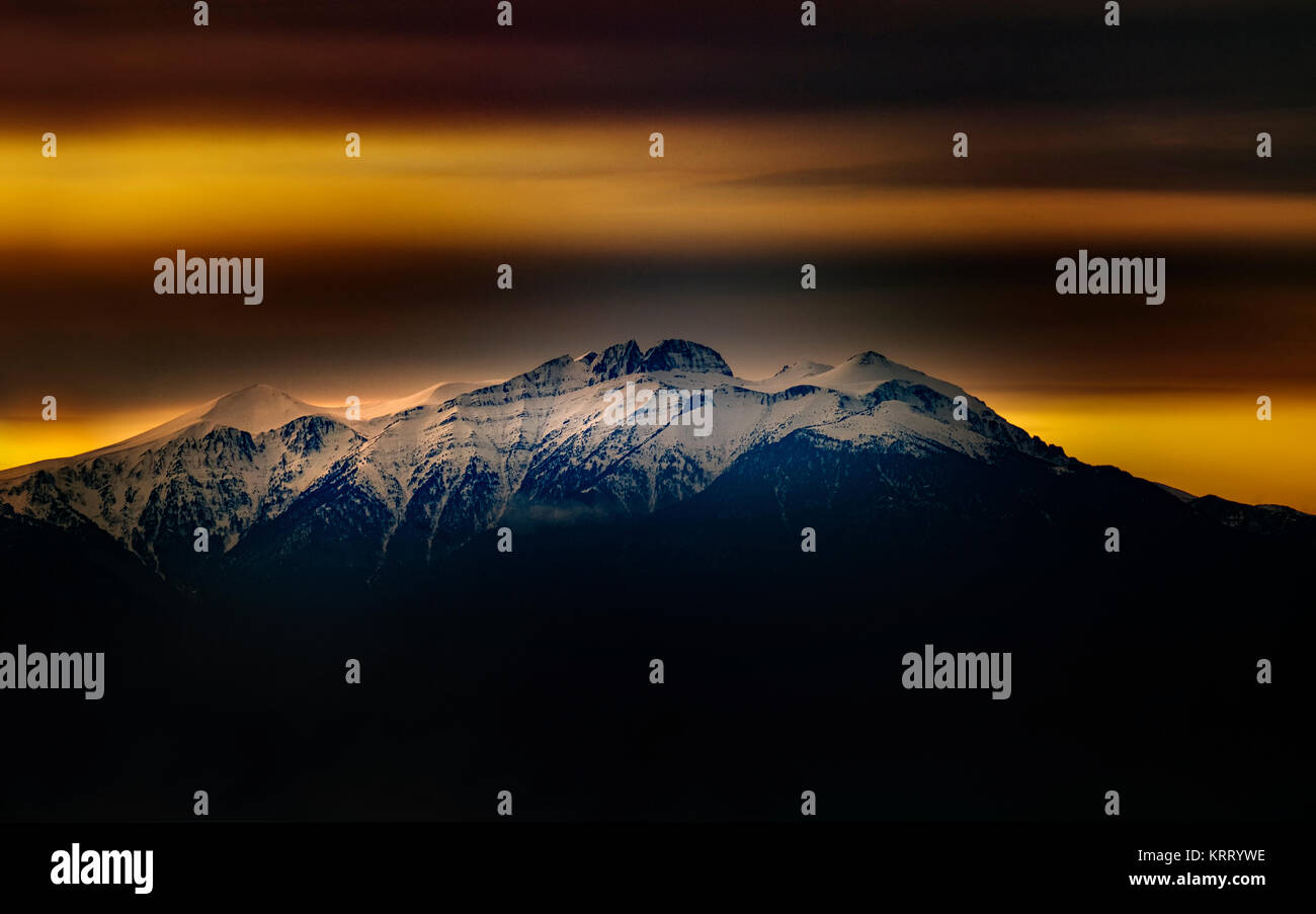 Snowy Mt. Olympus at dusk Stock Photo