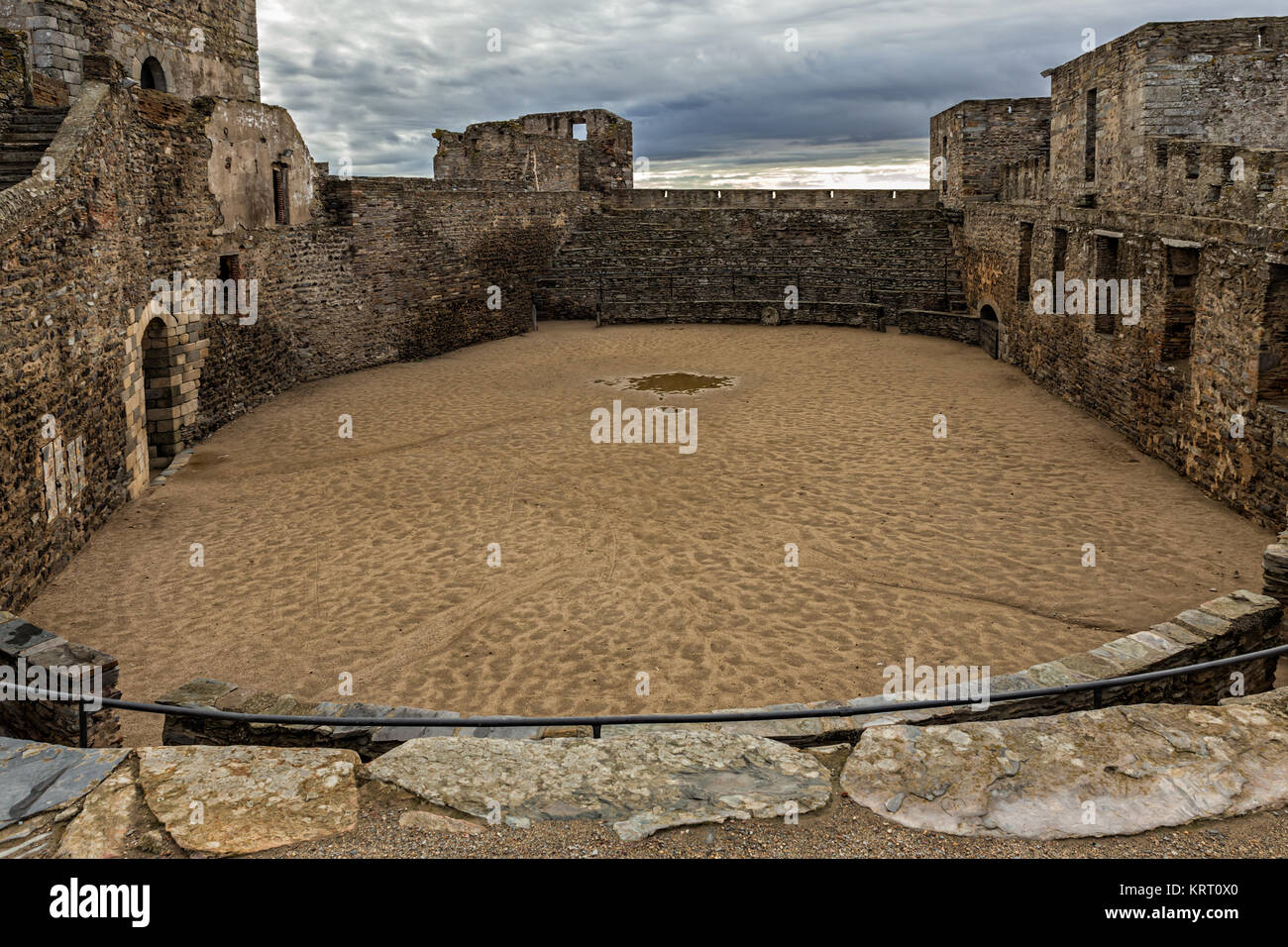 In the Castle of Monsaraz his courtyard has been converted into a bullring. Stock Photo
