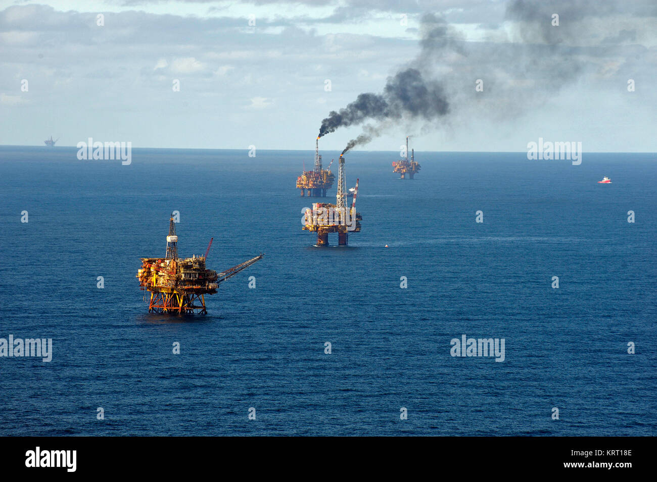 North Sea, Oil production with platforms. Aerial view. Brent Oil Field. Stock Photo