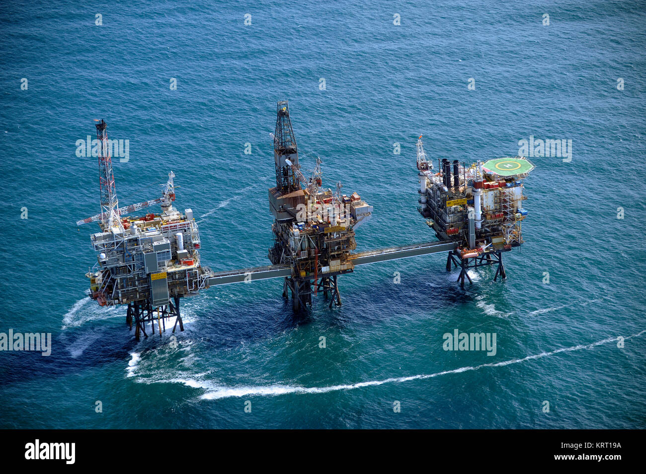 North Sea, Oil production with platforms. Aerial view.Ekofisk Field. Stock Photo