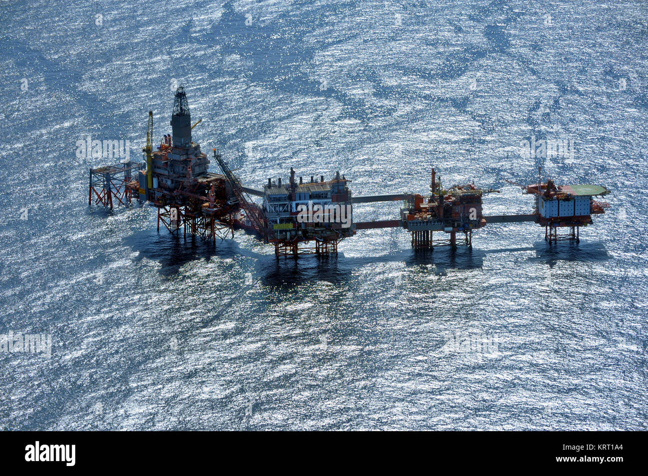 North Sea, Oil production with platforms. Aerial view. Ekofisk Station. Stock Photo