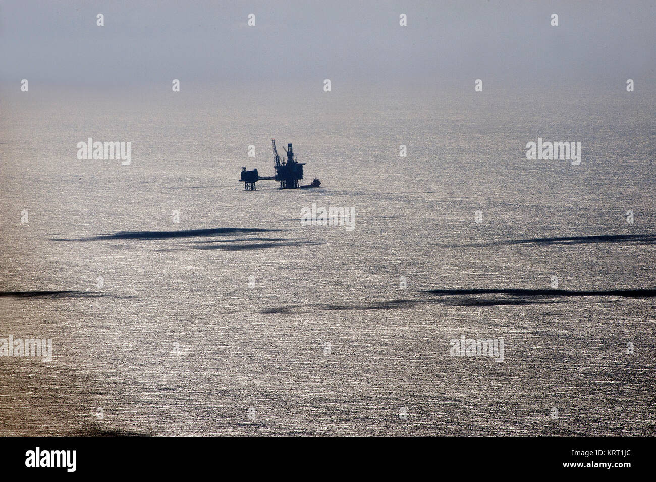 North Sea, Oil production with platforms. Aerial view. Stock Photo